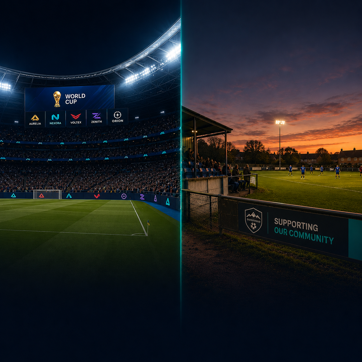 Split image comparing a packed World Cup stadium under floodlights with sponsor boards to a grassroots football pitch at sunset with a local club sponsor board