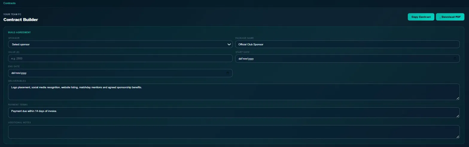 SponsorStack Club Portal Contract Builder showing fields for sponsor, package value, deliverables, and payment terms