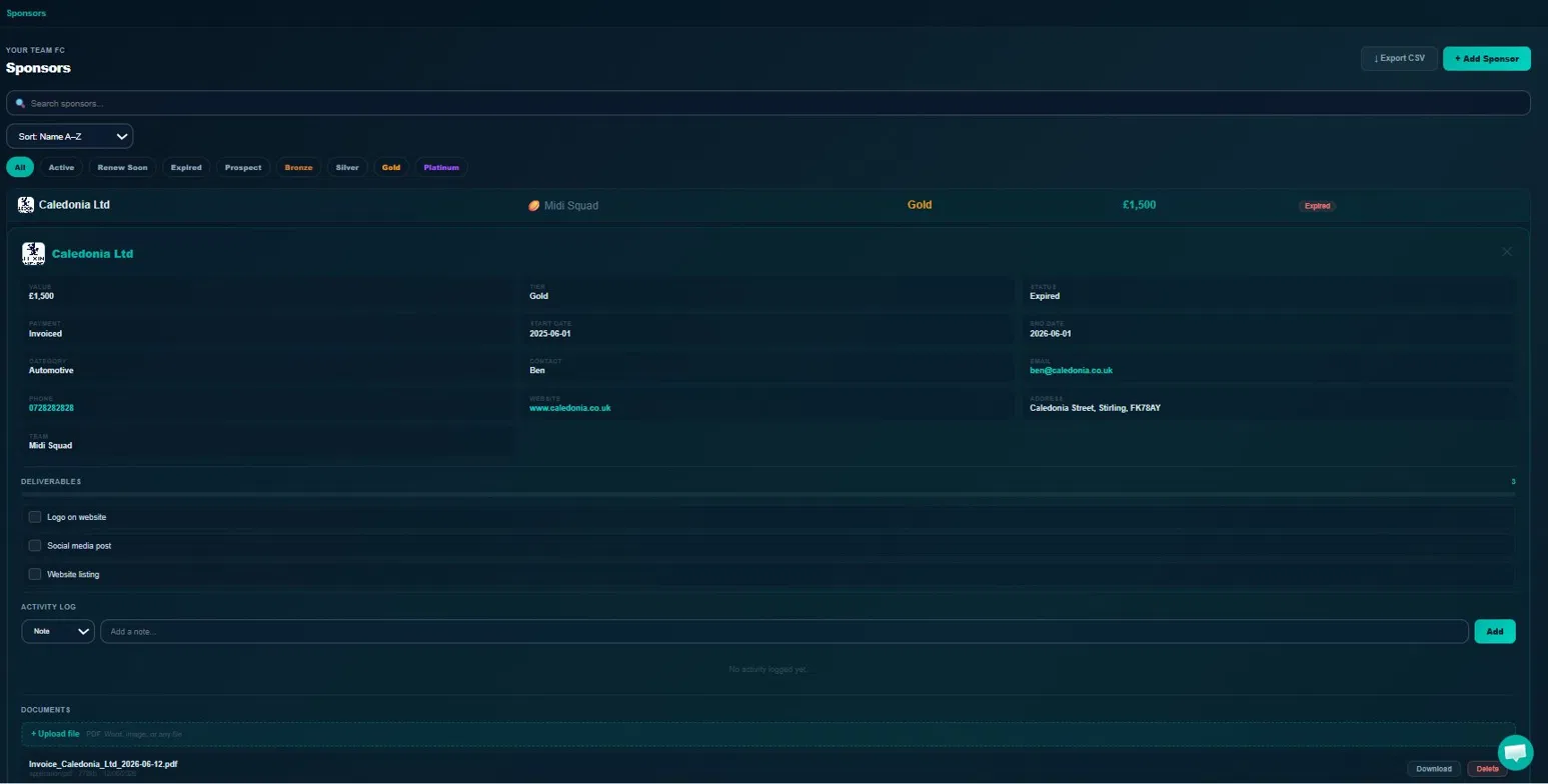 SponsorStack Club Portal sponsors CRM screen showing a sponsor record with contract value, deliverables, and uploaded documents