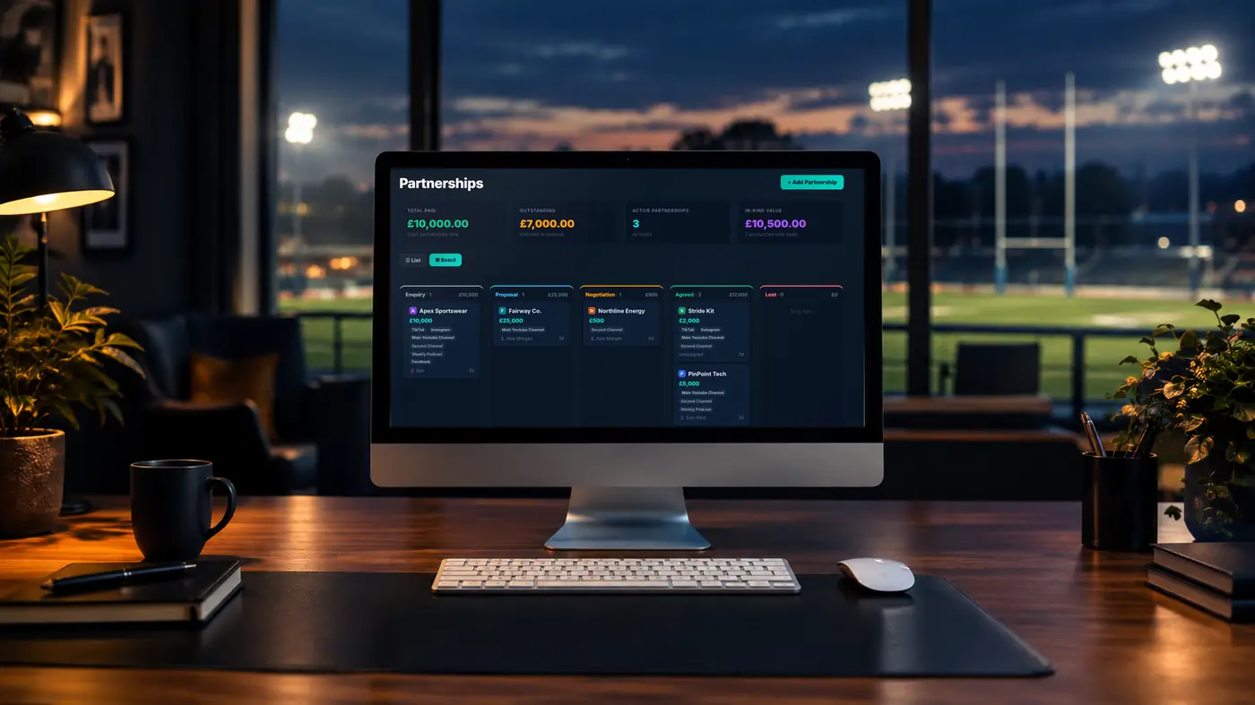 SponsorStack sponsorship pipeline board on a desktop monitor in a sports clubhouse