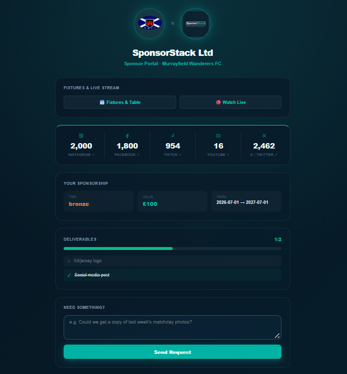 Example SponsorStack sponsor portal showing fixtures, live stream and social reach